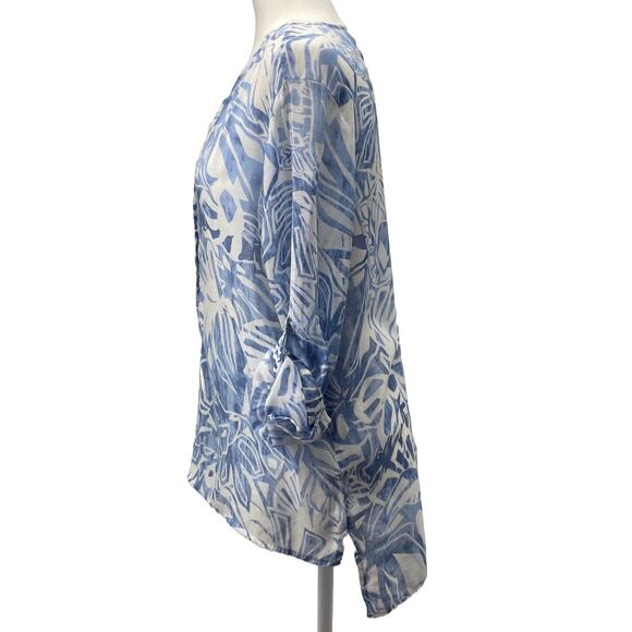 Grand & Greene Blue White Tropical Sheer Tunic Blouse L Roll Tab Sleeve Top - Picture 2 of 15